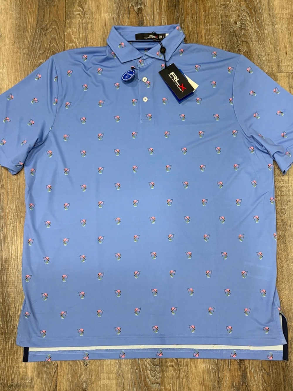RLX Ralph Lauren Men’s Blue Polo, Flamingo Print, Size Large
